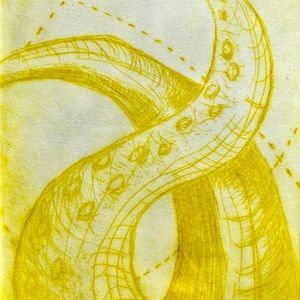 Framed handmade dry point tentacle etching